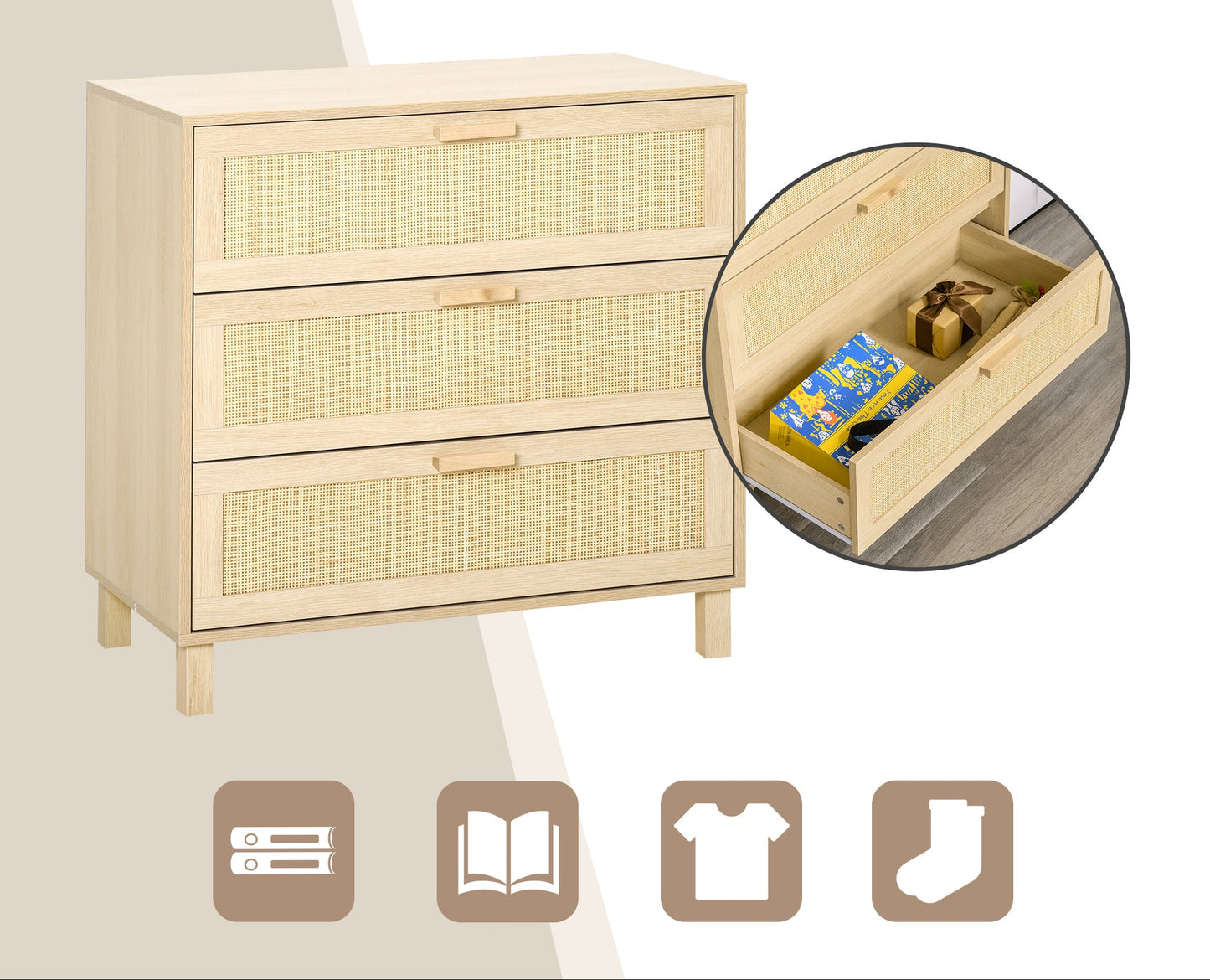 Commode – Ladekast – Dressoir – Opbergkast – Kast – 3 Ruime Lades – MDF Licht Houtdecor 80x40x80 cm