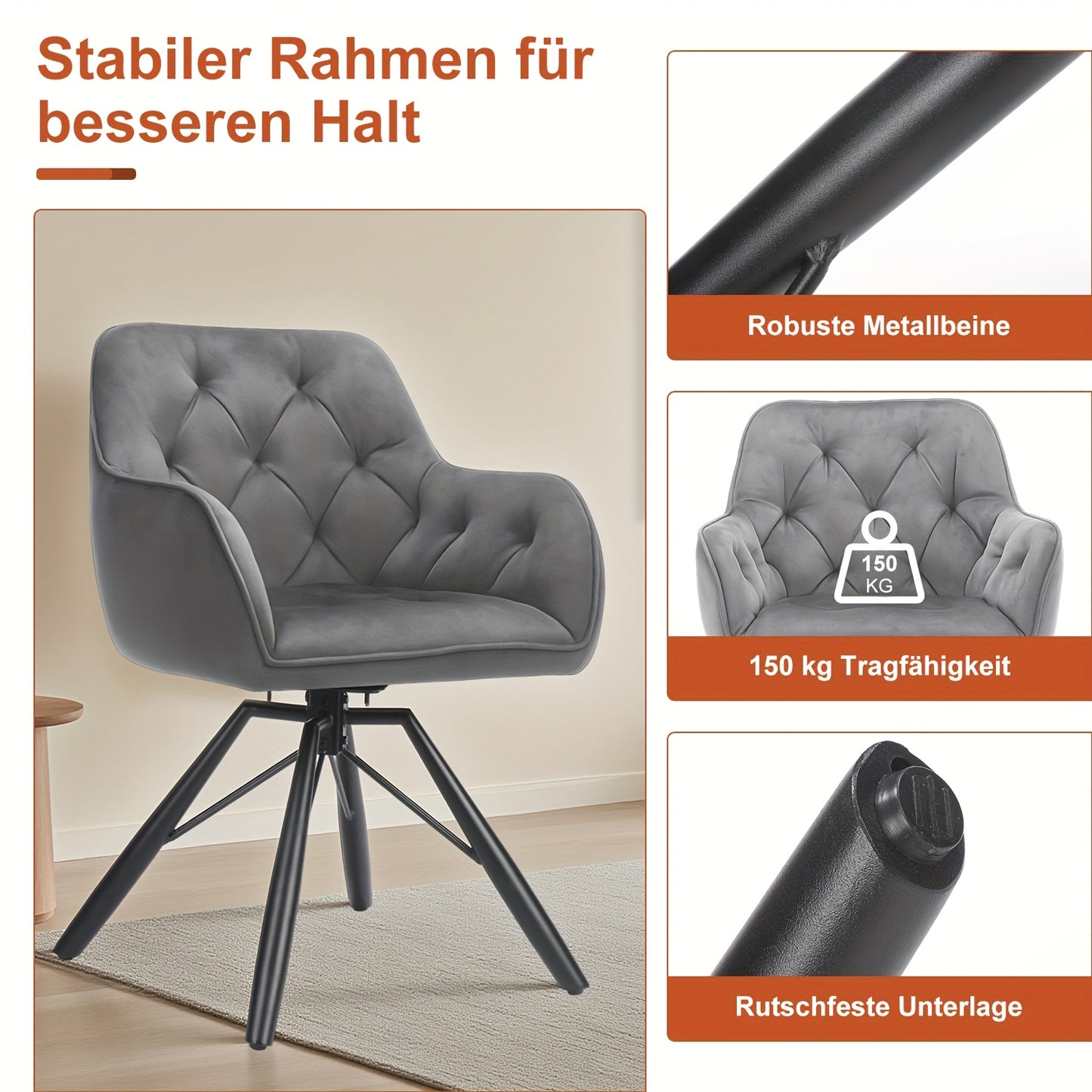 Draaibare Eetkamerstoelen – Eetkamerstoelen Set – Bureaustoelen Zonder Wielen – Comfortabele Stoelen – Stoelen Met Armleuningen – 360° Draaibaar – Fluwelen Bekleding – Metalen Poten – Grijs – Set Van 2