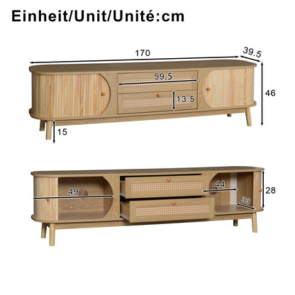 TV-Meubel – TV-Kast – TV-Board – Lowboard – Media Meubel – Hout Met Rattan Optiek – Schuifdeur Met Opbergruimte – Scandinavisch Design 170x39,5x46 cm
