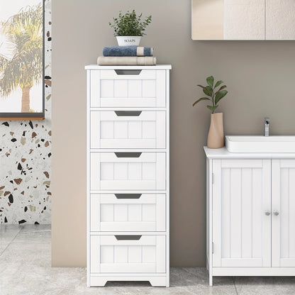 Opbergkast Wit – Ladenkast – Opbergmeubel – Ladekast – Opbergkast Badkamer – 40x30x102 cm – Vijf Lades – Duurzaam MDF Hout – Vrijstaand – Metalen Handgrepen