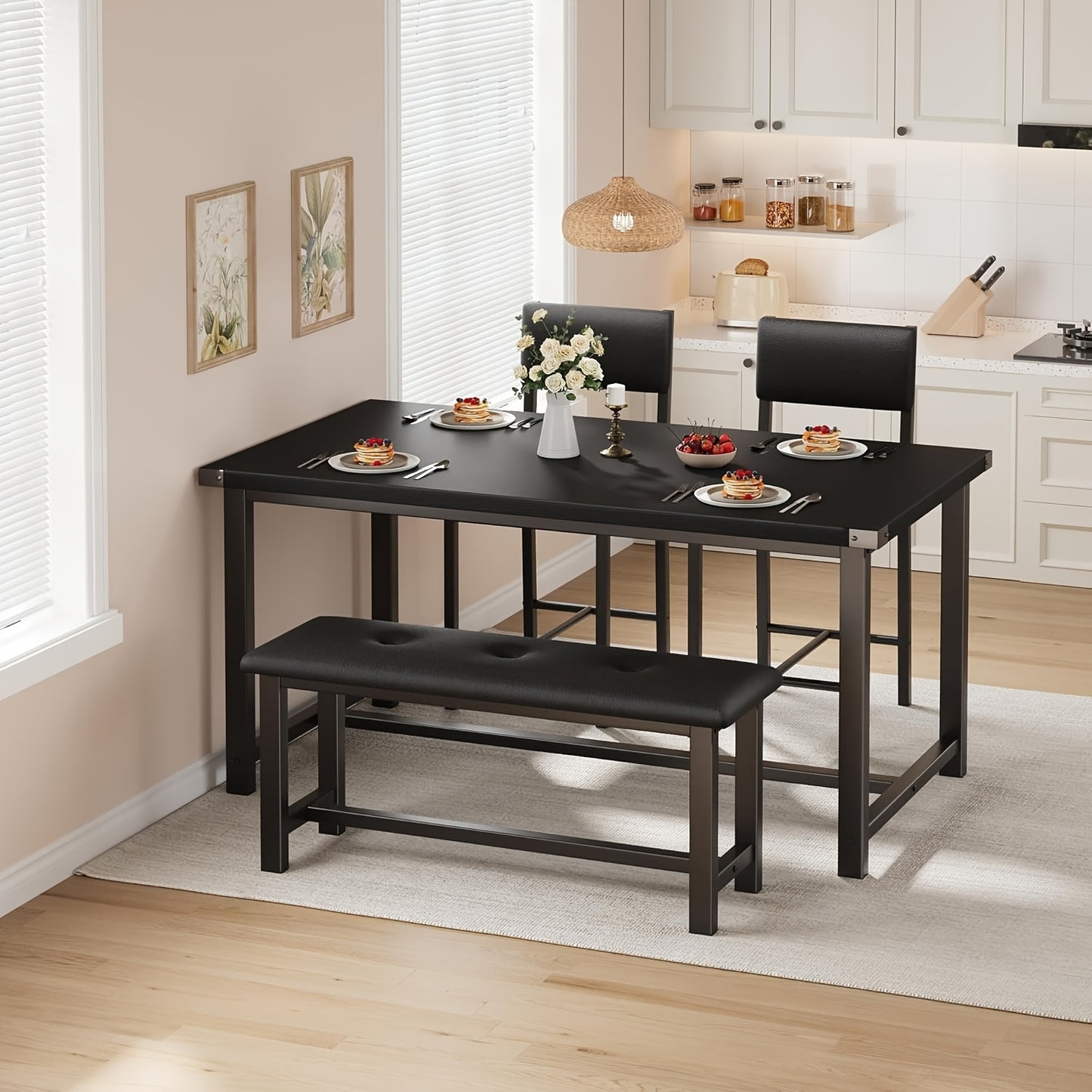 Eettafelset – Eetkamerset – Keukentafelset – Zitgroep – Meubelset – Rechthoekig – Zwart Hout – Inclusief 2 Gestoffeerde Stoelen en Bank – Compact Voor 4 Personen