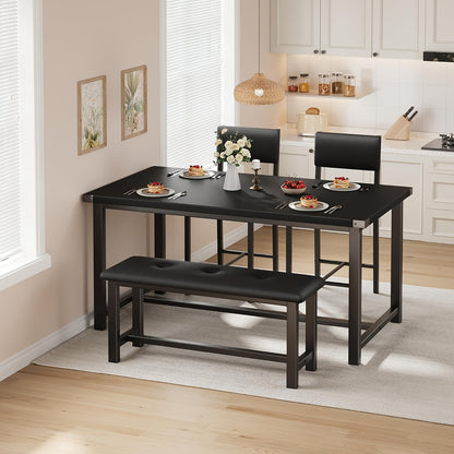 Eettafelset – Eetkamerset – Keukentafelset – Zitgroep – Meubelset – Rechthoekig – Zwart Hout – Inclusief 2 Gestoffeerde Stoelen en Bank – Compact Voor 4 Personen