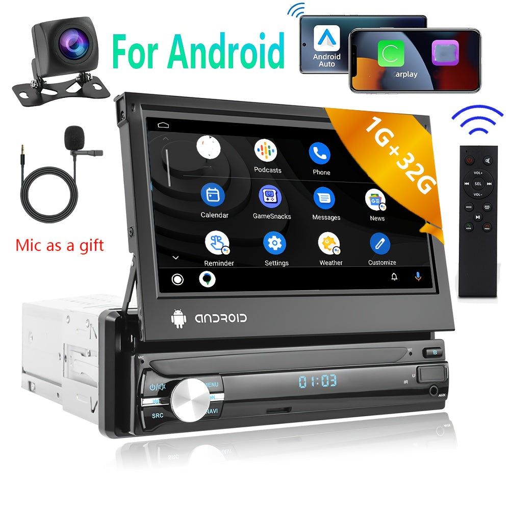 Android 1 DIN autoradio – car stereo – multimedia speler – navigatiesysteem – dashboard radio – 7-inch flip-out touchscreen – ingebouwde GPS & achteruitrijcamera met microfoon