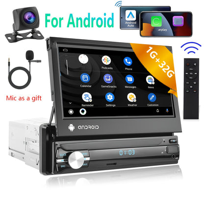 Android 1 DIN autoradio – car stereo – multimedia speler – navigatiesysteem – dashboard radio – 7-inch flip-out touchscreen – ingebouwde GPS & achteruitrijcamera met microfoon