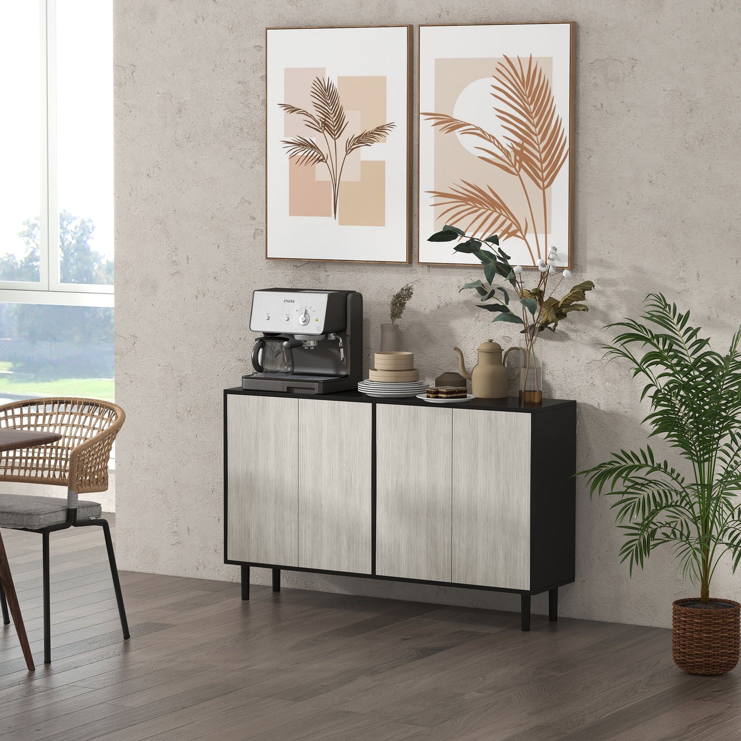 Keukenkast – Keukenbuffet – Buffetkast – Voorraadkast – Keukenopberger – 2 Dubbele Deuren – Verstelbare Planken – 121 x 37 x 75 cm – Hout Spaanplaat – Zwart-Grijze Houtnerf