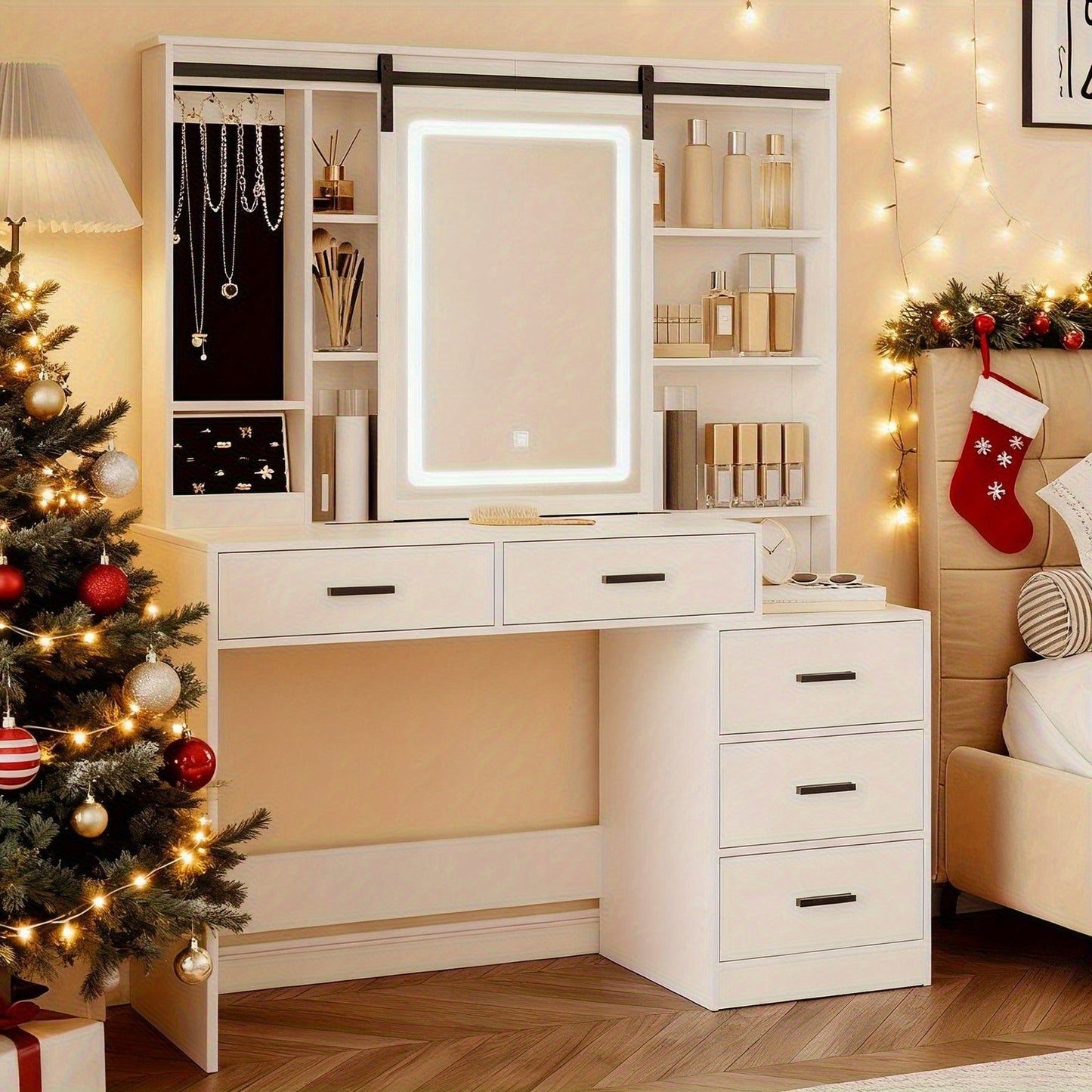 Make-up Tafel – Schminktisch – Kaptafel – Visagie Tafel – Dressing Table – Verstelbare LED-Verlichting – Grote Afneembare Spiegel – 5 Lades – Zijtafeltje – Wit