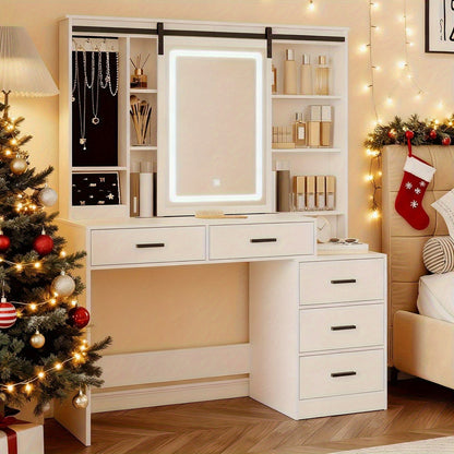 Make-up Tafel – Schminktisch – Kaptafel – Visagie Tafel – Dressing Table – Verstelbare LED-Verlichting – Grote Afneembare Spiegel – 5 Lades – Zijtafeltje – Wit