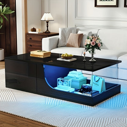 Salontafel – Coffee Table – Sofa Table – Woonkamertafel – Bijzettafel – Modern Design – Glas Tafelblad & Zwart Metaal Frame – 2 Lades Met Kastdeurtje – Compact & Praktisch