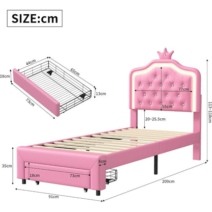 Bedframe – Gestoffeerd Bed – Eenpersoonsbed – Bed met Opbergruimte – Bed met Lattenbodem – 90x200 cm – LED Verlichting – Verstelbaar Hoofdbord