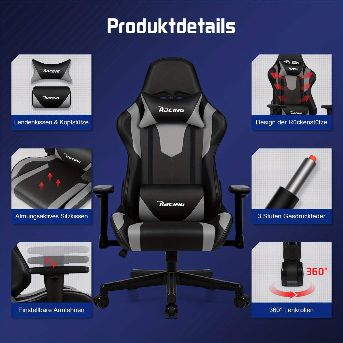 Gaming Chair with Footrest, Ergonomic Gaming Chair, Gaming Armchair with Adjustable Lumbar Cushion Equipped with An Adjustable Lumbar Support And Headrest, 360° Swivel And Designed for A Weight Of Up to 150kg., Gaming Chairs