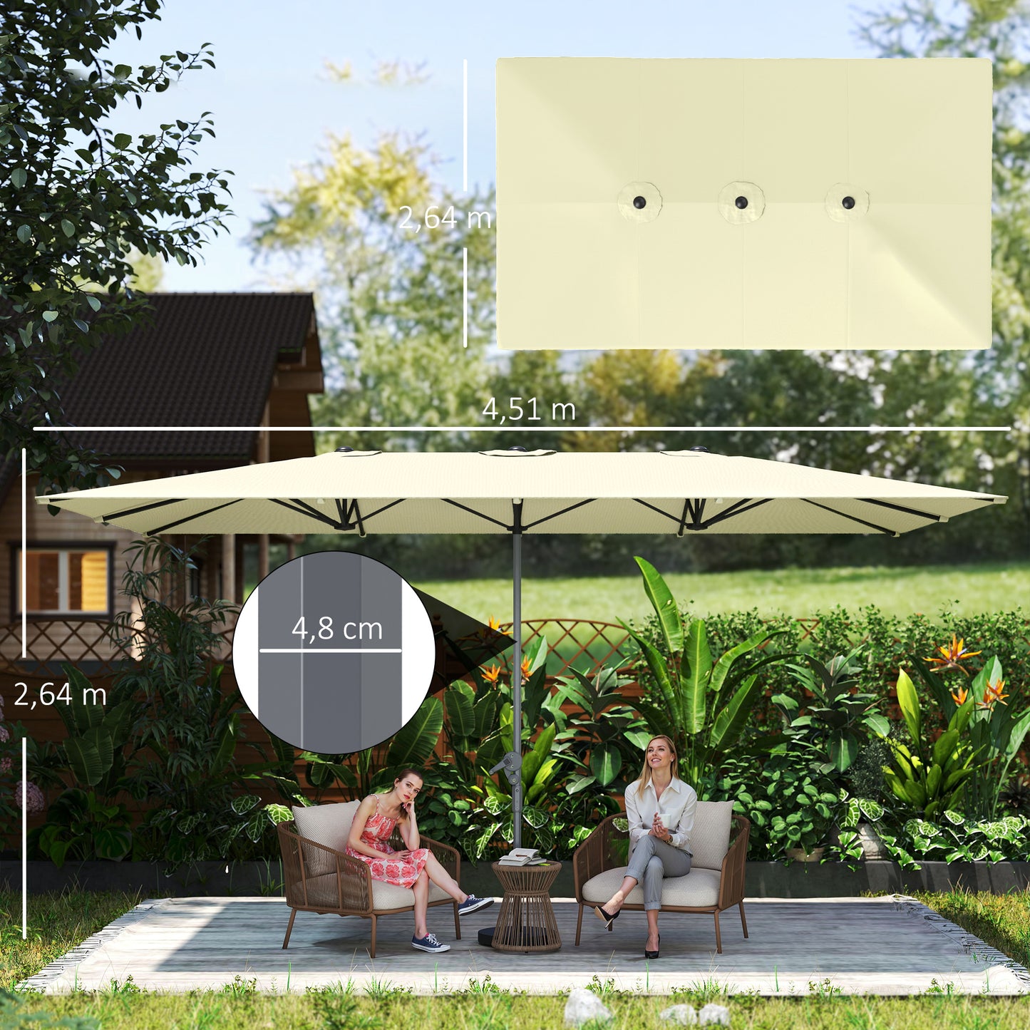 Dubbele Parasol – XXL Zonneparasol – Stokparasol – Terrasparasol – Buitenparasol – Cranksysteem – UV50+ Bescherming – 451x264 cm – Aluminium Frame – Crème Wit