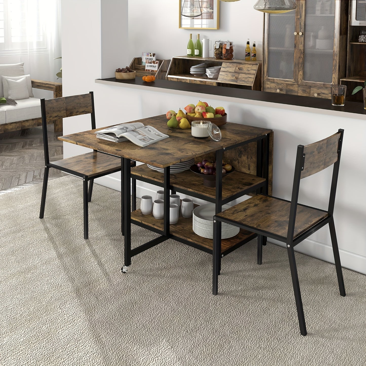 Opvouwbare Eettafel – Tafel Op Wielen – Vouwtafel – Uitschuifbare Tafel – Klaptafel – 140x80 cm – 2 Tiers Bruin Staal Rustiek