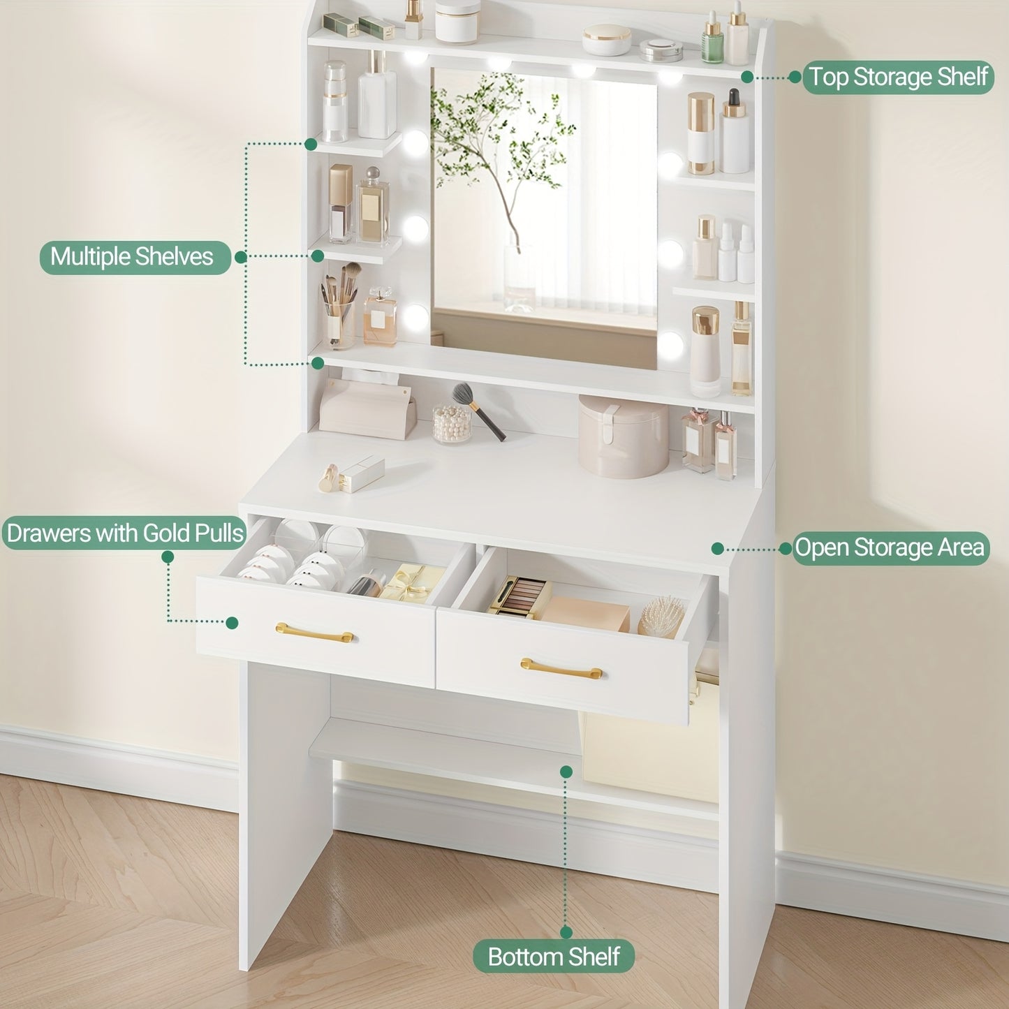 Make-up Tafel – Kaptafel – Make-up Bureau – Toilettafel – Schminktisch – Met Spiegel – 2 Laden En Planken – Verstelbare Verlichting – Wit 40x80x149 cm