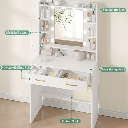 Make-up Tafel – Kaptafel – Make-up Bureau – Toilettafel – Schminktisch – Met Spiegel – 2 Laden En Planken – Verstelbare Verlichting – Wit 40x80x149 cm