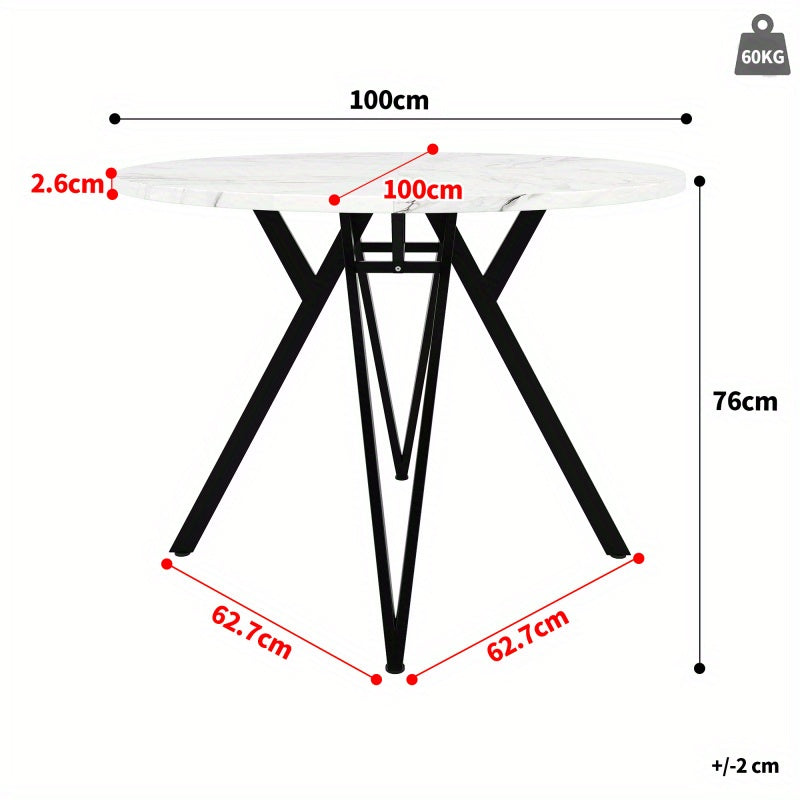 Ronde Eettafel – Rond Tafeltje – Keukentafel – Eetkamertafel – Tafel Rond – Marmerlook MDF Blad – Zwart Metalen A-Poot – 100 cm Compact Design – Stevig & Onderhoudsvriendelijk