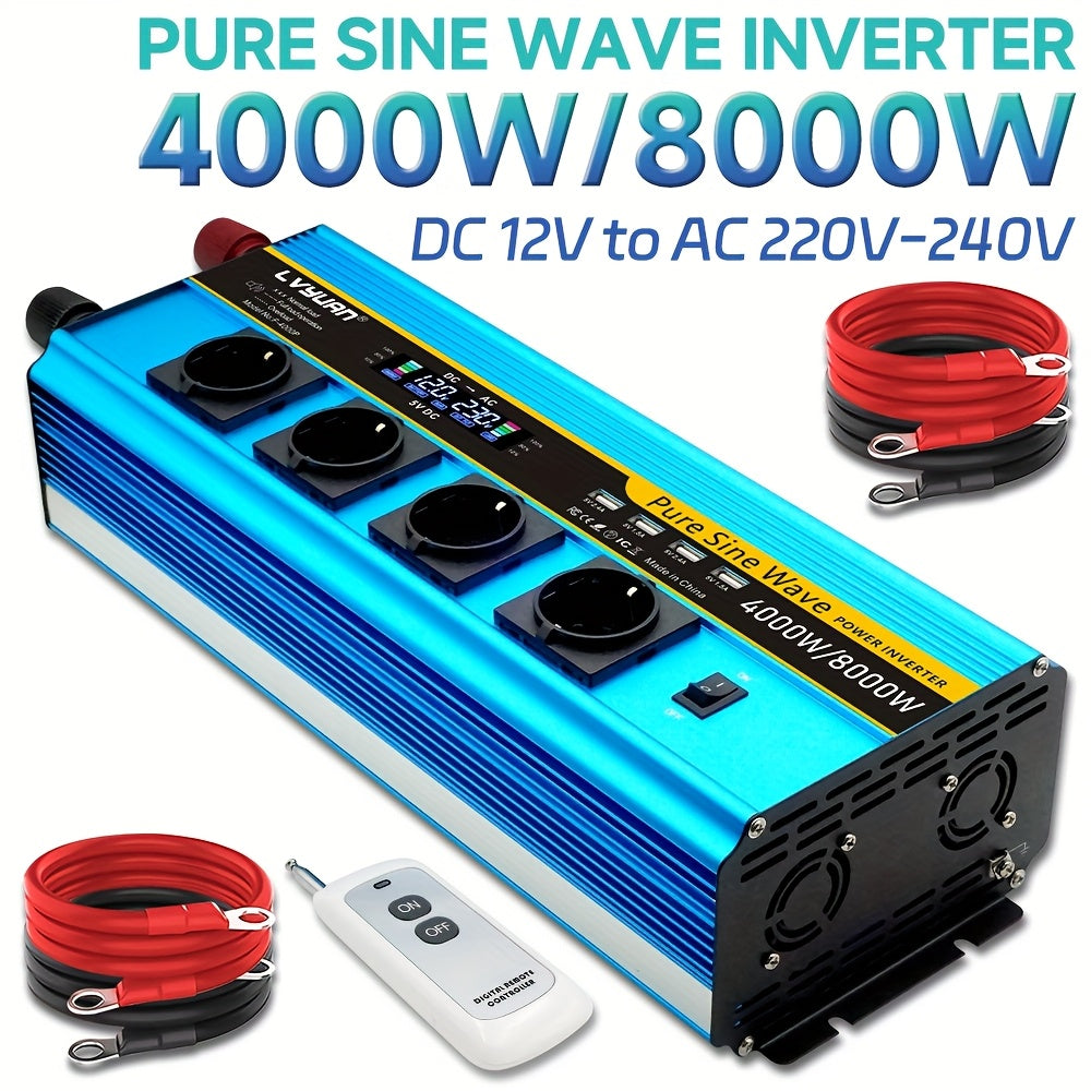 Omvormer 24V – Spanningsomvormer – Gelijkstroomomzetter – Sinusomvormer – Stroomconverter – 4000W Piekvermogen – Pure Sinusgolf & 4 AC Stopcontacten