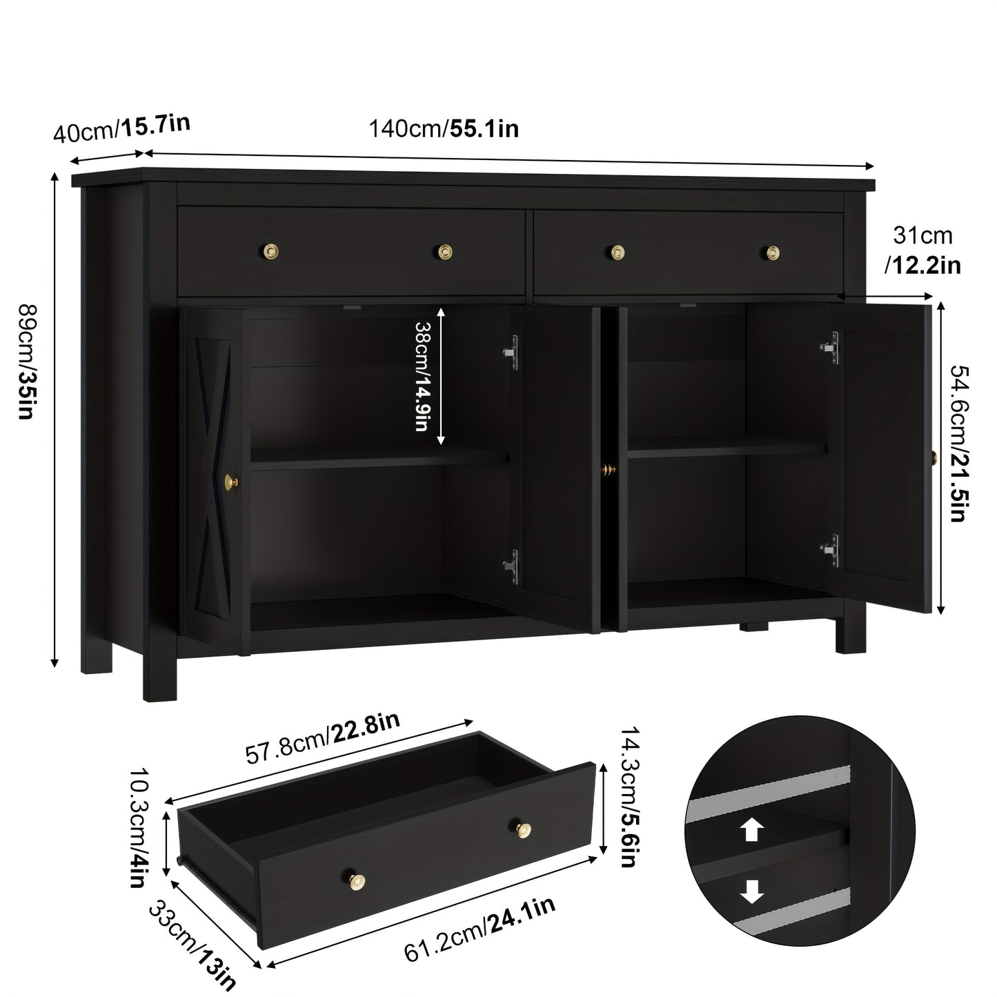 Keukenkast – Dressoir – Sideboard – Buffetkast – Opbergkast – Zwart – Ruim Opbergmeubel 140x40x89 cm – Softclose Deuren & Lade