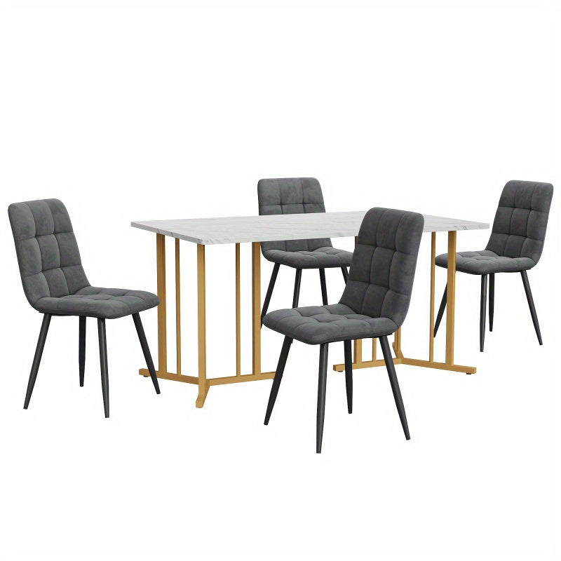 Eetkamerset – Tafel Stoel Set – Diningset – Eettafel Met Stoelen – Wit MDF Marmer – Donkergrijze Velvet Stoelen – Verstelbare Tafelpootjes – Metalen Frame