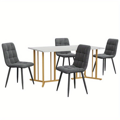 Eetkamerset – Tafel Stoel Set – Diningset – Eettafel Met Stoelen – Wit MDF Marmer – Donkergrijze Velvet Stoelen – Verstelbare Tafelpootjes – Metalen Frame