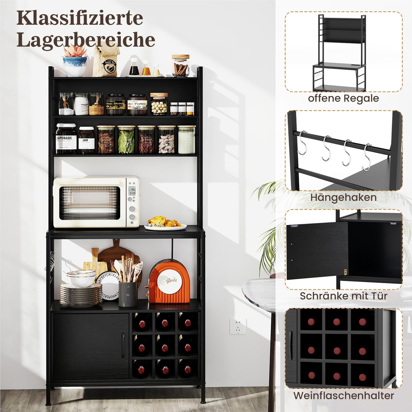 Keukenkast – Keukenrek – Wijnrek – Opbergkast – Baker’s Shelf – Ingebouwd Stopcontact & USB – Metalen Frame 80x40x170 cm Zwart