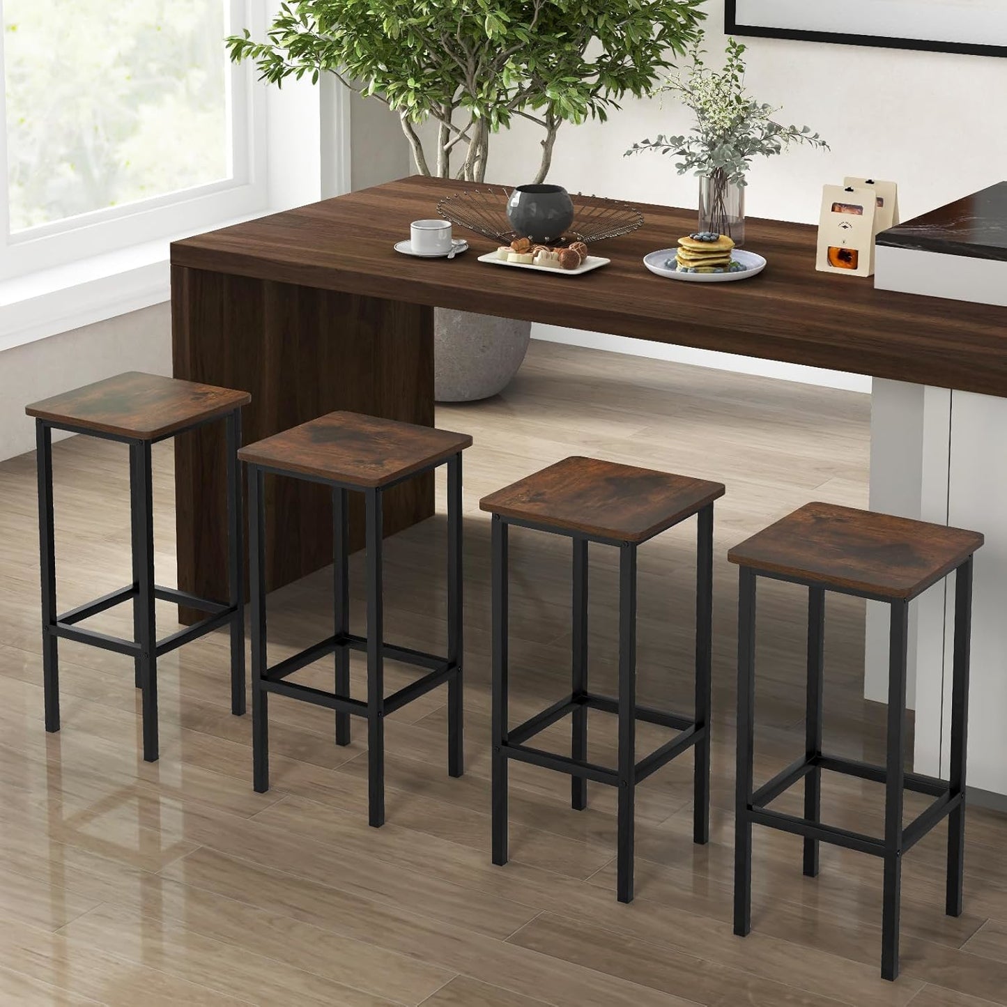 Barkrukken – Barstoelen – Keukenstoelen – Ontbijtkrukken – Industrieel – Set van 4 – 26 Inch Hoog – Met Metalen Poten en Voetsteun – Rugloos – Rustic Brown