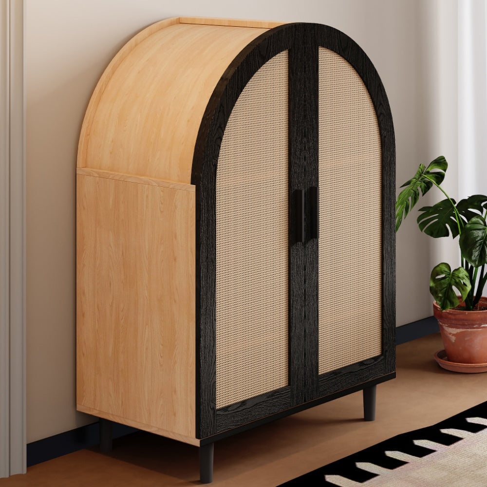 Modern Schoenkast‑Opbergmeubel met Hol‑Wicker Deuren – 3‑Lagen Opslag, Vrijstaand voor Hal, Woonkamer of Gangruimte, Ruimtebesparend Design