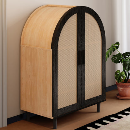 Modern Schoenkast‑Opbergmeubel met Hol‑Wicker Deuren – 3‑Lagen Opslag, Vrijstaand voor Hal, Woonkamer of Gangruimte, Ruimtebesparend Design