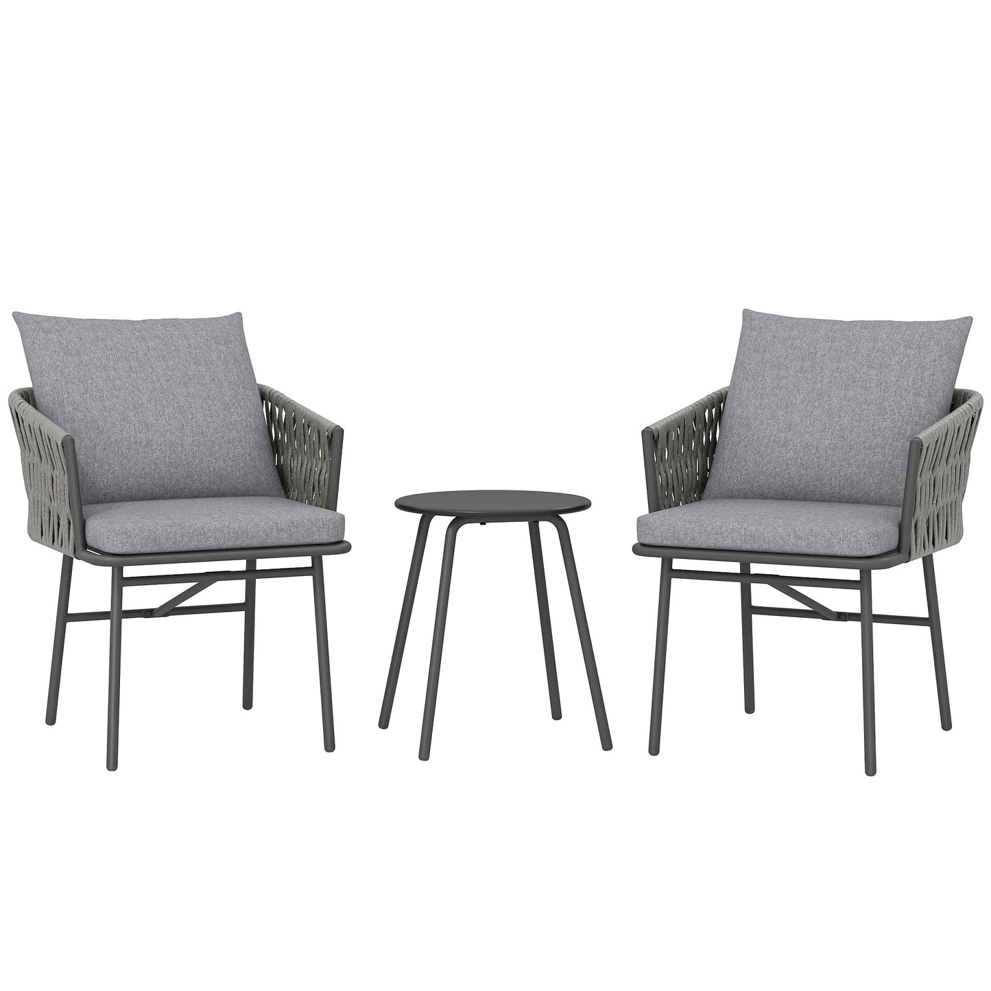 3-delig Tuinset – Balkonset – Bistroset – Terrasset – Loungeset – Kunstrotan – Stalen Frame – Metalen Tafelblad – Waterafstotende Kussens – Compact Design Grijs