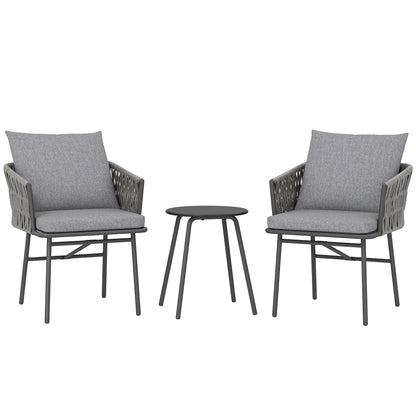 3-delig Tuinset – Balkonset – Bistroset – Terrasset – Loungeset – Kunstrotan – Stalen Frame – Metalen Tafelblad – Waterafstotende Kussens – Compact Design Grijs