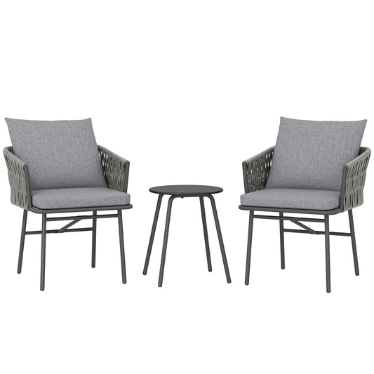 3-delig Tuinset – Balkonset – Bistroset – Terrasset – Loungeset – Kunstrotan – Stalen Frame – Metalen Tafelblad – Waterafstotende Kussens – Compact Design Grijs