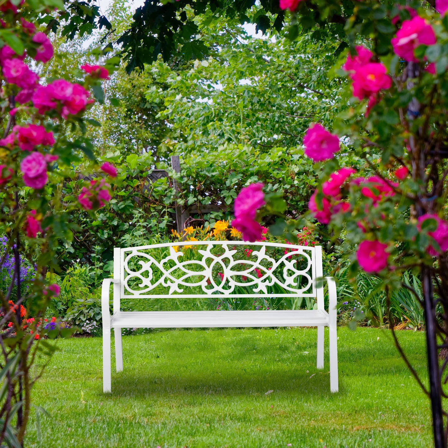 Tuinbank – Buitenbank – Parkbank – Tuinmeubel – Balkonbank – Weerbestendig Staal & Gietijzer – Comfortabele 2-Persoons Zitplaats 124,5x78x58 cm