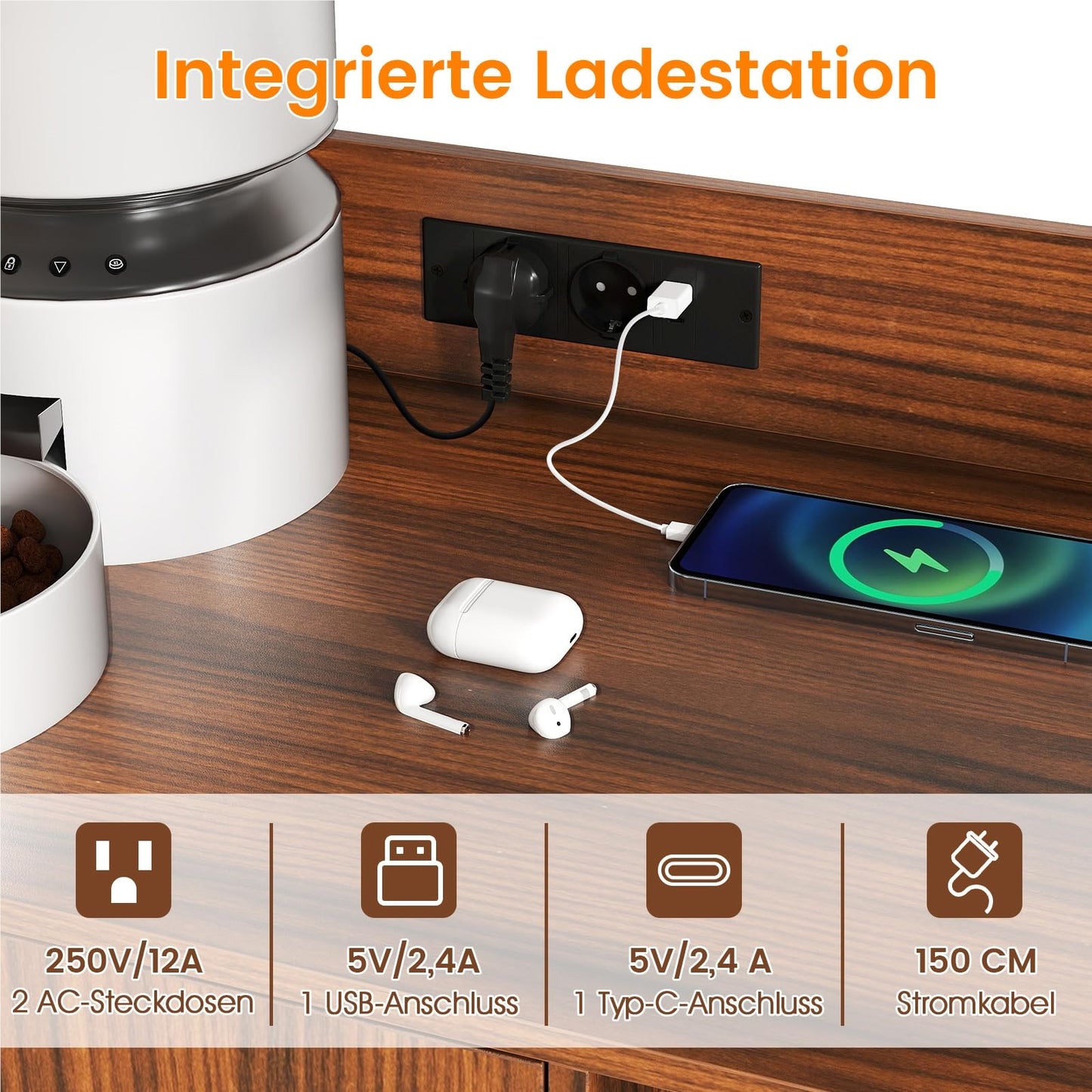 Kattenkast – Kattenhuis – Kattenmeubel – Kattenbakkast – Kattentoilet – Walnootkleur – Geïntegreerd Oplaadstation – Ventilatie Tegen Geurtjes