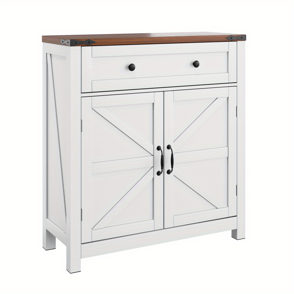 Cabinets with drawers and adjustable shelves, white kitchen cabinets with walnut countertops, modern coffee bar-style storage cabinets, suitable for kitchens, dining rooms, bathrooms and entrance areas.