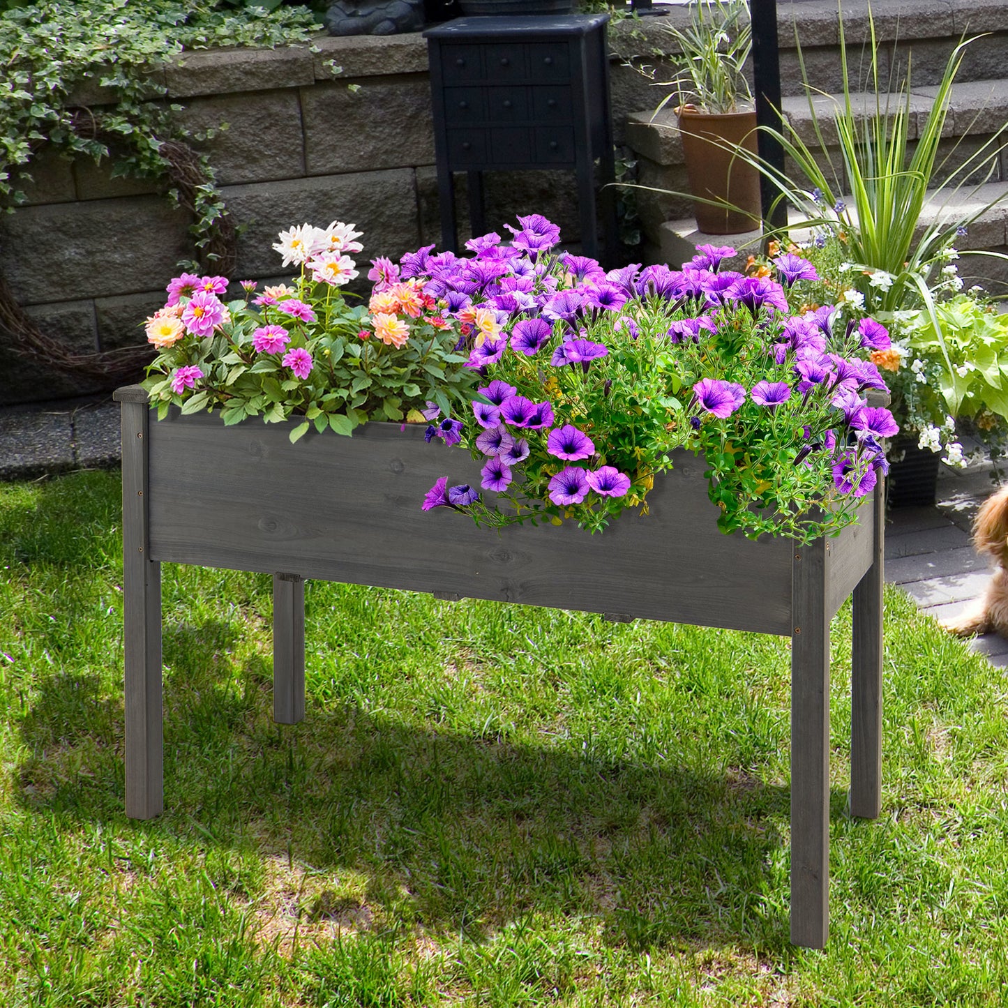 Houten verhoogde plantenbak – Raised Garden Bed – Tuinbak – Plantenbak – Kweekbak – Met waterdichte PE kashoes – 125 x 59 x 76 cm – Ergonomisch verhoogd met stevige steunen – Grijs