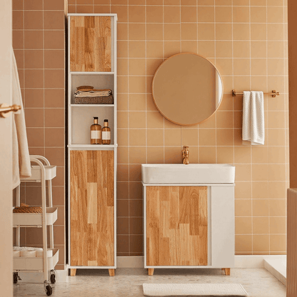 badkamerkast – kolomkast – opbergkast – hoge kast – wastafelonderkast – smal design – vochtbestendig MDF – inklapbare wasmand met uitneembare tas – 31x170x32 cm – wit/naturel