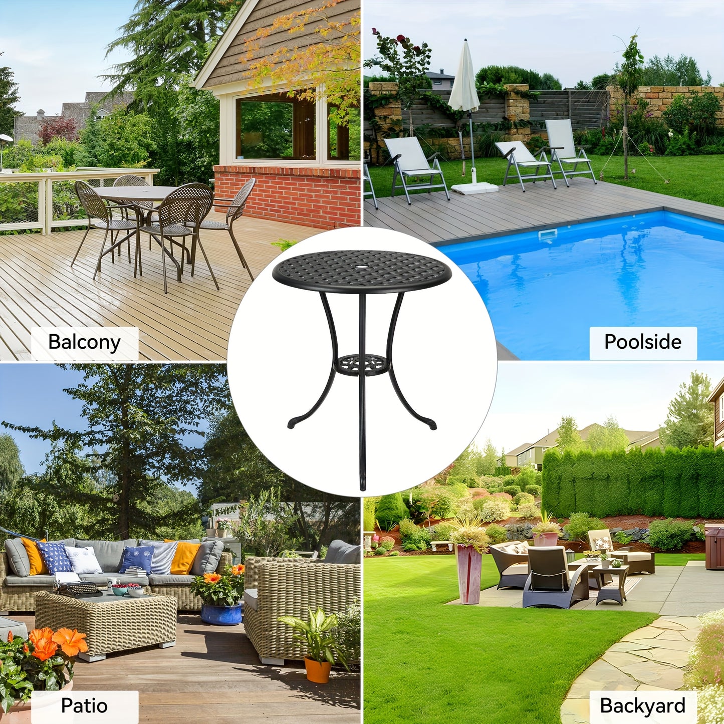 Buitentafel Rond – Bistrotafel – Tuin tafel – Balkon tafel – Terras tafel – Zwart – 60,96 cm Met Parasolgat – Gietaluminium Met Wicker Tafelblad – Weerbestendig En Stevig