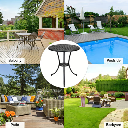 Buitentafel Rond – Bistrotafel – Tuin tafel – Balkon tafel – Terras tafel – Zwart – 60,96 cm Met Parasolgat – Gietaluminium Met Wicker Tafelblad – Weerbestendig En Stevig