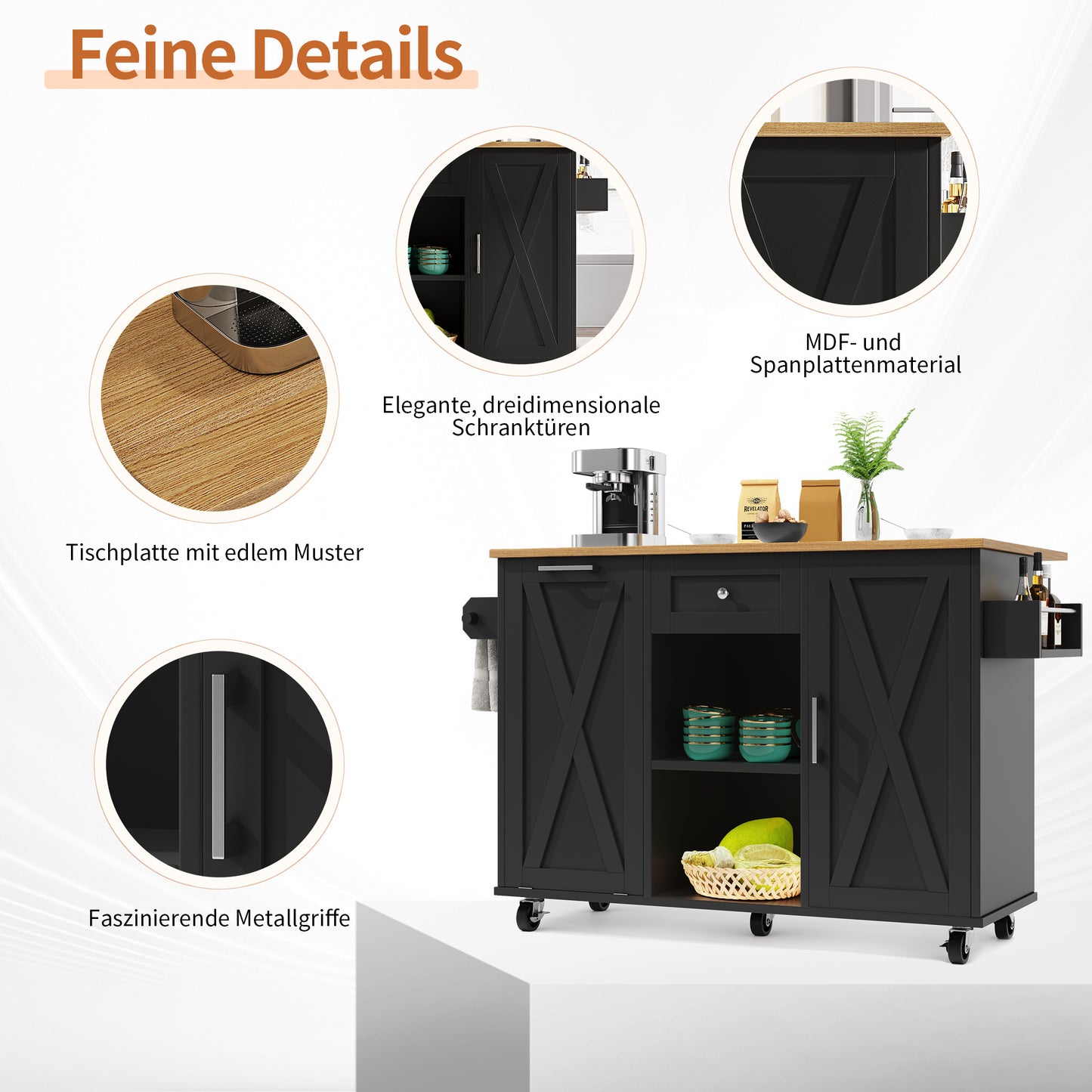 Keukeneiland – Keukentrolley – Keukenkast – Buffetkast – Keukenwagen – Inklapbaar Werkblad – Verstelbare Legplanken – 3D MDF-deuren – Metalen Handgrepen – Zwart – 142×40/63×87 cm