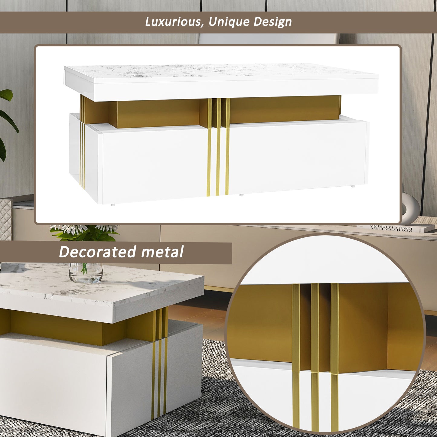 Tv Meubel – TV Kast – TV Meubels – TV Dressoir – TV Kasten – Marmerlook Hoogglans – Voor TV Tot 90 Inch – Inclusief Salontafel