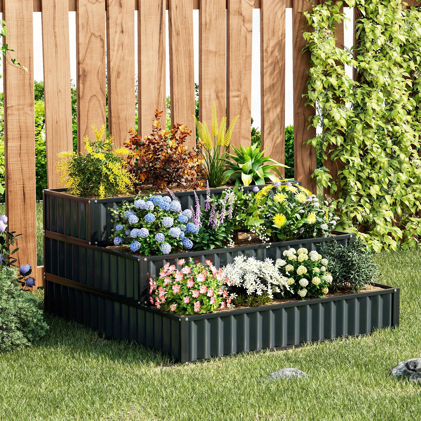 3-Lagen verhoogde plantenbak – verhoogde tuinbak – plantenbak metaal – metalen plantenbak – buiten plantenbak – zwaar metaal – open bodem design – 118 x 118 x 61 cm – zwart