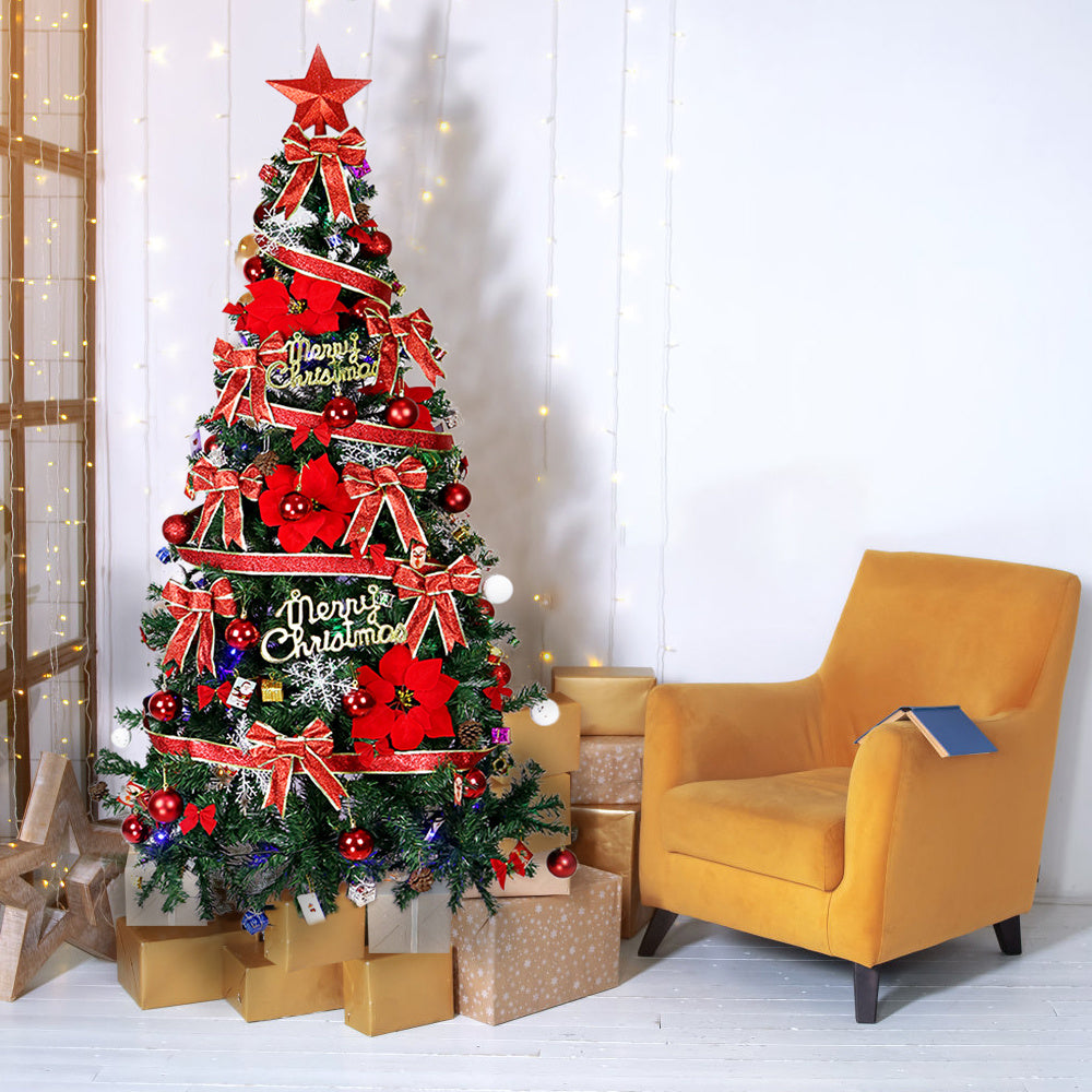 Kunstkerstboom – Nepkerstboom – Feestboom – Kerstversiering – 180 cm Hoog – Volledig Versierd Met Linten – Onderhoudsvrij – Zonder Stroom