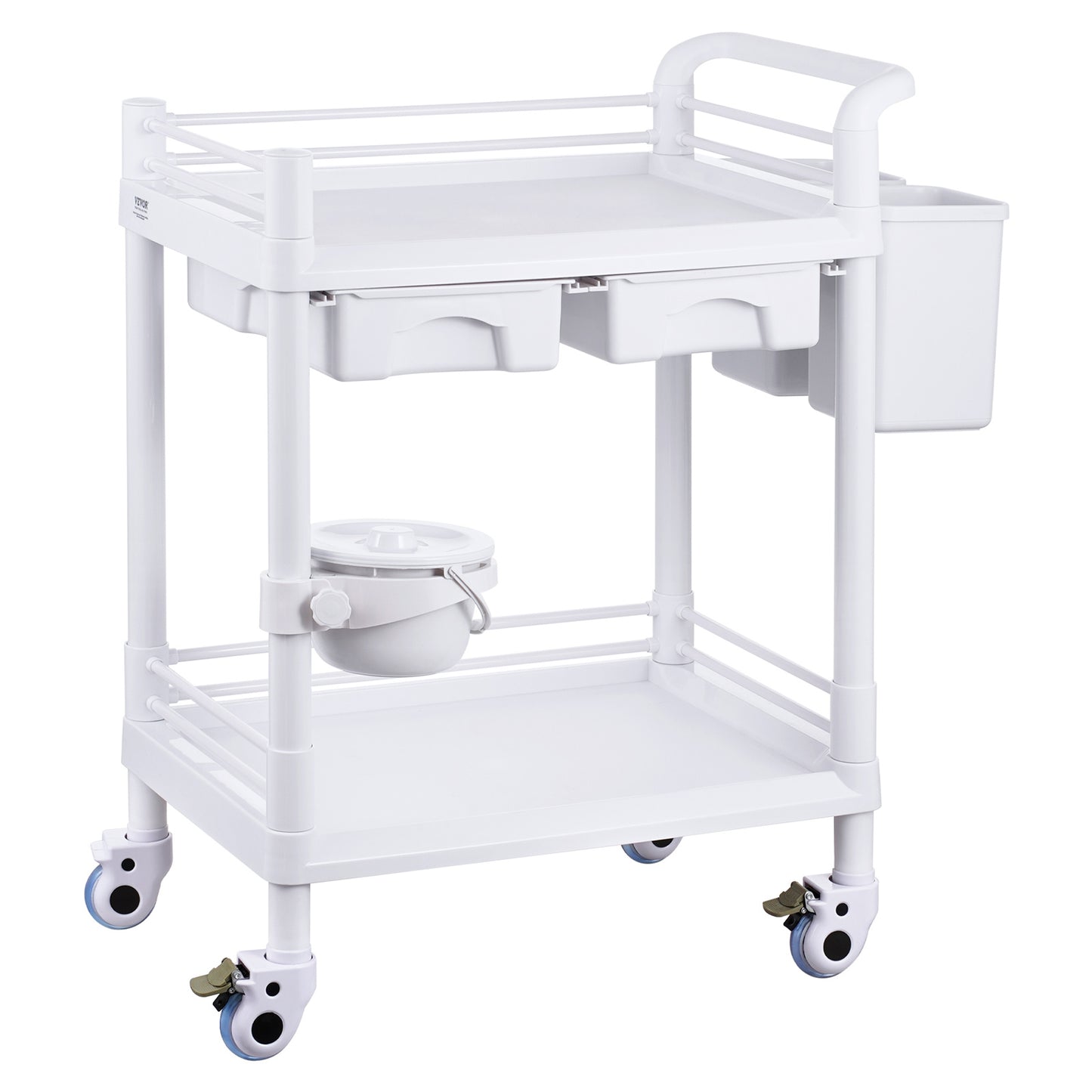 Medische Kar – Laboratoriumwagen – Mobiele Trolley – Rolwagen – Opbergwagen – 2 Etages & 2 Lades – 3 Afvalbakken Wit
