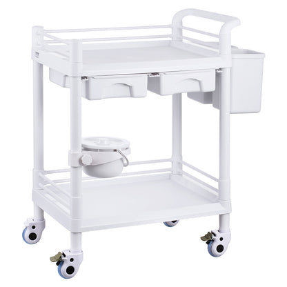 Medische Kar – Laboratoriumwagen – Mobiele Trolley – Rolwagen – Opbergwagen – 2 Etages & 2 Lades – 3 Afvalbakken Wit