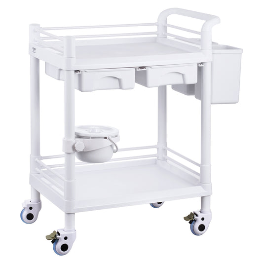 Medische Kar – Laboratoriumwagen – Mobiele Trolley – Rolwagen – Opbergwagen – 2 Etages & 2 Lades – 3 Afvalbakken Wit