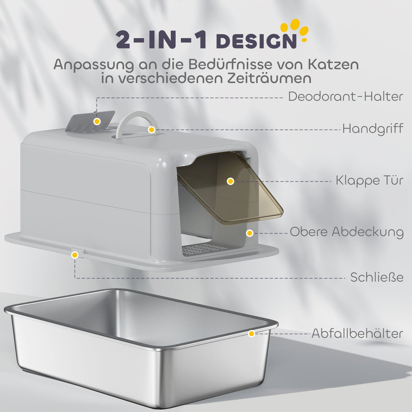 Kattenbak – Kattentoilet – Kattenbak Zwart – Kattenbak Open – Gesloten Kattenbak – Roestvrijstalen Binnenbak – Geurfilter Met Schep – Ruim Voor Katten Tot 6 Kg – Grijs/Zilverkleurig 40,5x60,5x41,5 cm