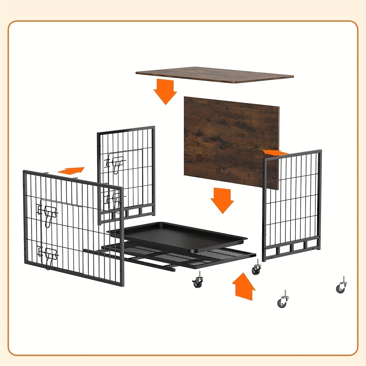 Hondenbench – Hondenkennel – Hondenkooi – Hondenkooi Binnen – Hondenhok – Groot formaat – IJzeren constructie – Dubbele deuren – Verrijdbaar met 4 wielen – Afneembare tray – Bruin meubeldesign