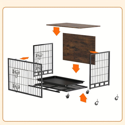 Hondenbench – Hondenkennel – Hondenkooi – Hondenkooi Binnen – Hondenhok – Groot formaat – IJzeren constructie – Dubbele deuren – Verrijdbaar met 4 wielen – Afneembare tray – Bruin meubeldesign