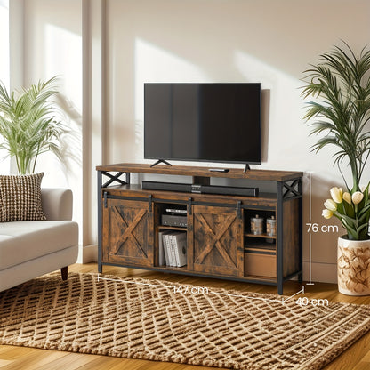 TV Meubel – Tv Kast – Tv Stand – Mediameubel – Opbergmeubel – Geelbruin – 165,1 cm Breed – Verstelbare Planken – Hardhouten Afwerking – Metalen Frame – Schuifdeuren Landelijke Stijl – Eenvoudige Montage