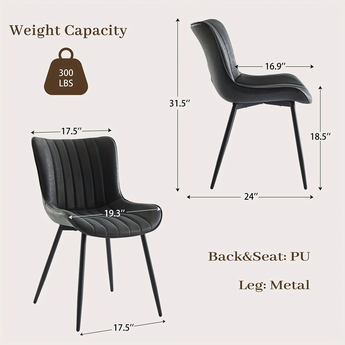 2-Pack TACKVIEW Classic Black Leather Dining Chairs with Vertical Stripes, Memory Foam Cushion & Metal Frame - Ergonomic Armless Design, 136.08KG Weight Capacity, 17, 12.7cm Wide Seat, 60.96cm Height, 18, 12.7cm Depth for Mod