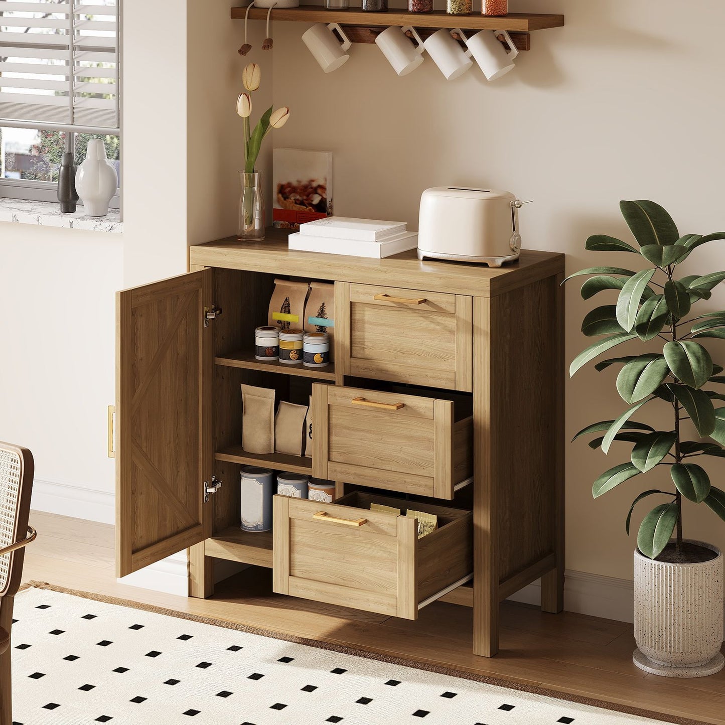 Modern Console Table with 3 Drawers & Adjustable Shelves - Multi-Purpose Storage Cabinet Suitable for Entryway, Living Room, Coffee Bar - Wood -Standing Sideboard with Ample Hidden & Visible Storage, Easy Assembly